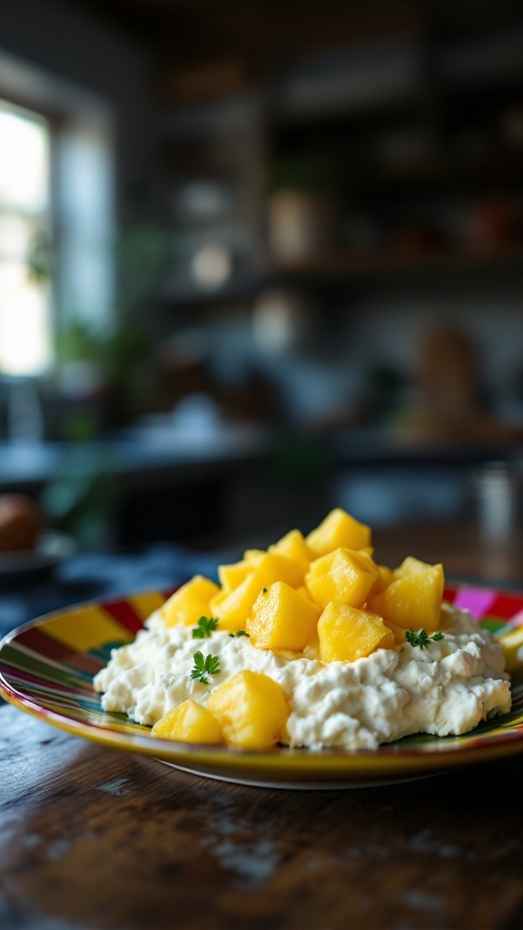 A colorful plate with cottage cheese topped with pineapple chunks.