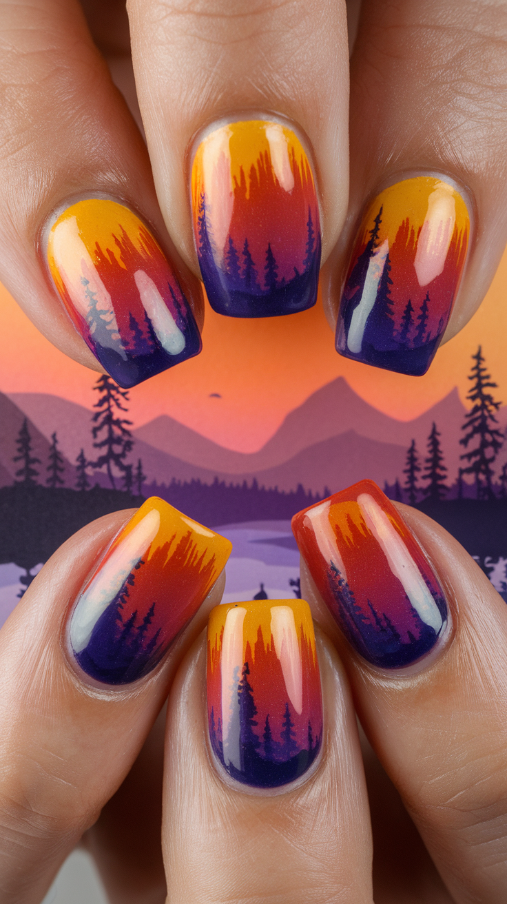 Close-up of nails featuring a gradient design in purple, orange, and pink with playful dots.