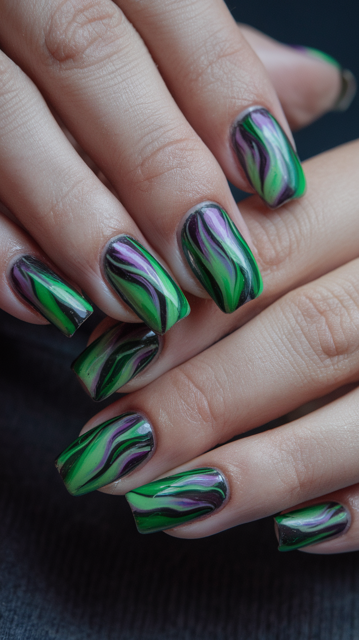 A close-up of beautifully designed acrylic nails featuring purple and green swirls inspired by the aurora borealis, embellished with rhinestones.