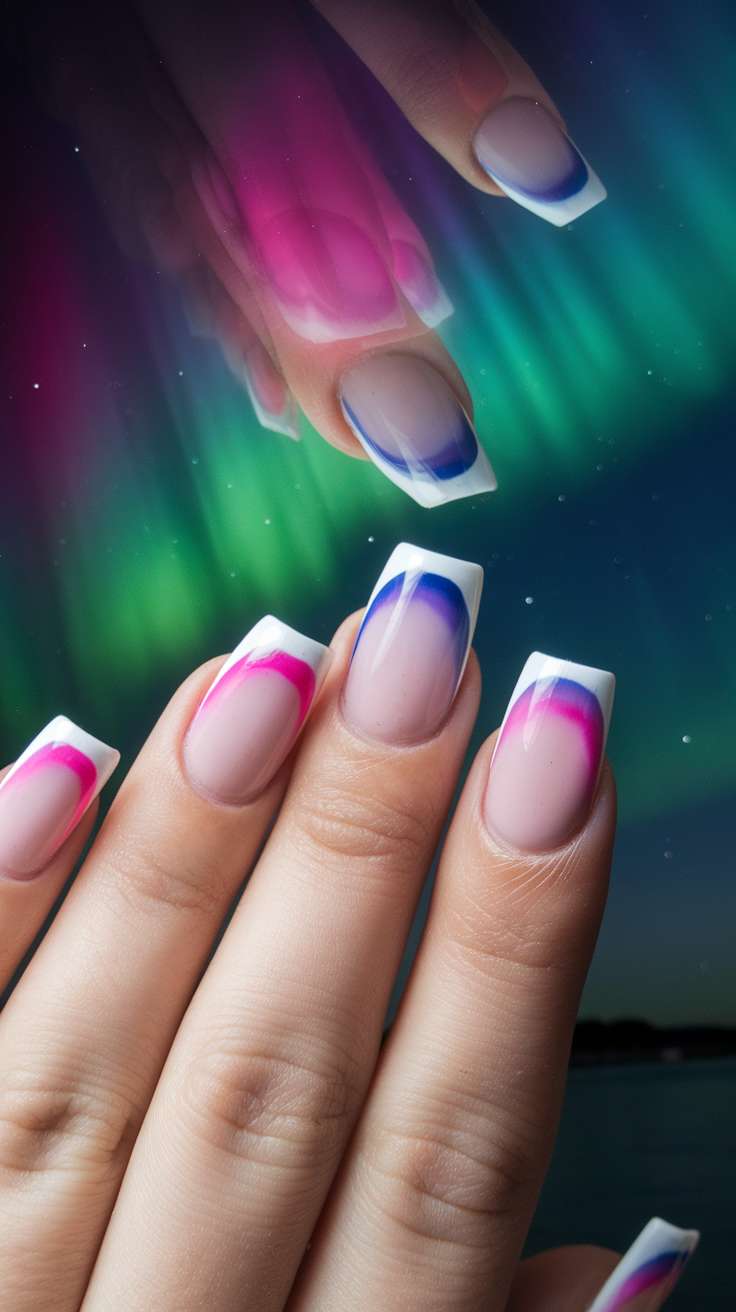 A close-up of acrylic nails featuring a French tip design with soft pink and holographic accents, resembling the aurora borealis.