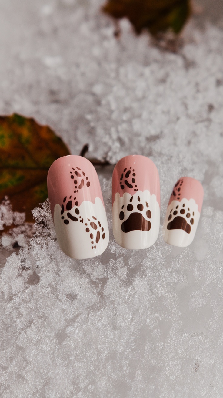 Acrylic nails with bear paw prints in soft pink and white on a snowy background.