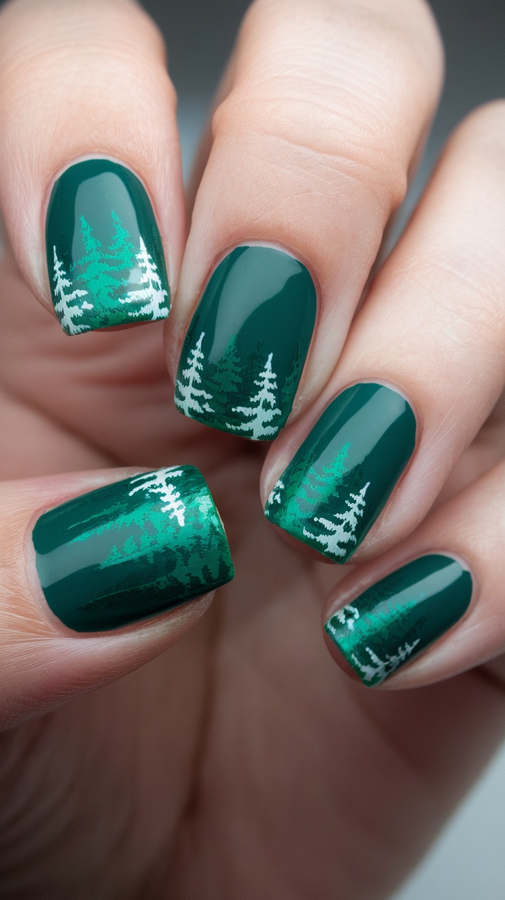 A close-up of acrylic nails painted in dark green with white tree designs, showcasing a forest theme.