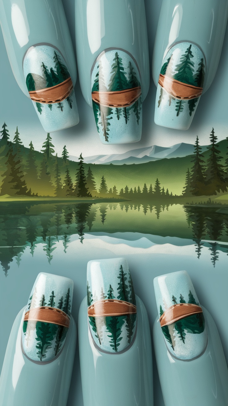 Acrylic nails designed with a canoe and lake reflection theme, featuring forest and water designs.