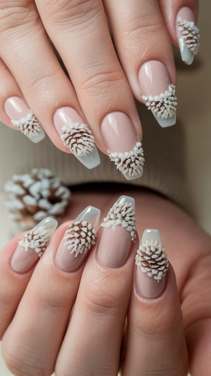 A close-up of acrylic nails featuring frosted pine cone tips, with a mix of soft colors and textured designs.