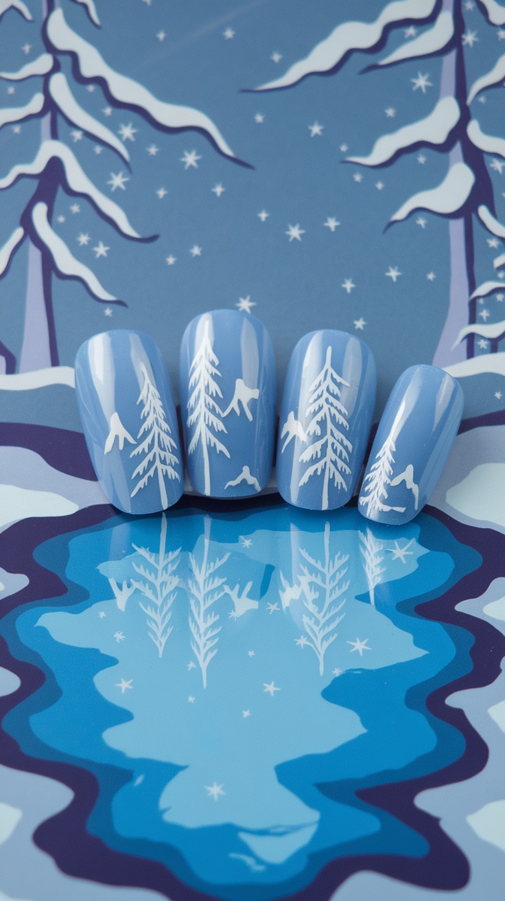 Acrylic nails styled with blue shades and white tree designs resembling a frozen lake.