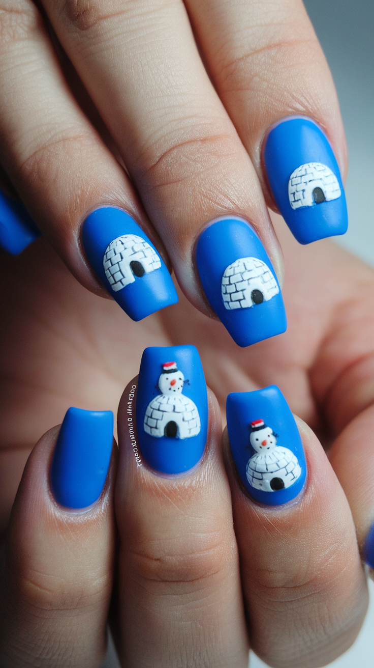 A set of acrylic nails featuring igloo and snowman designs on a blue background.