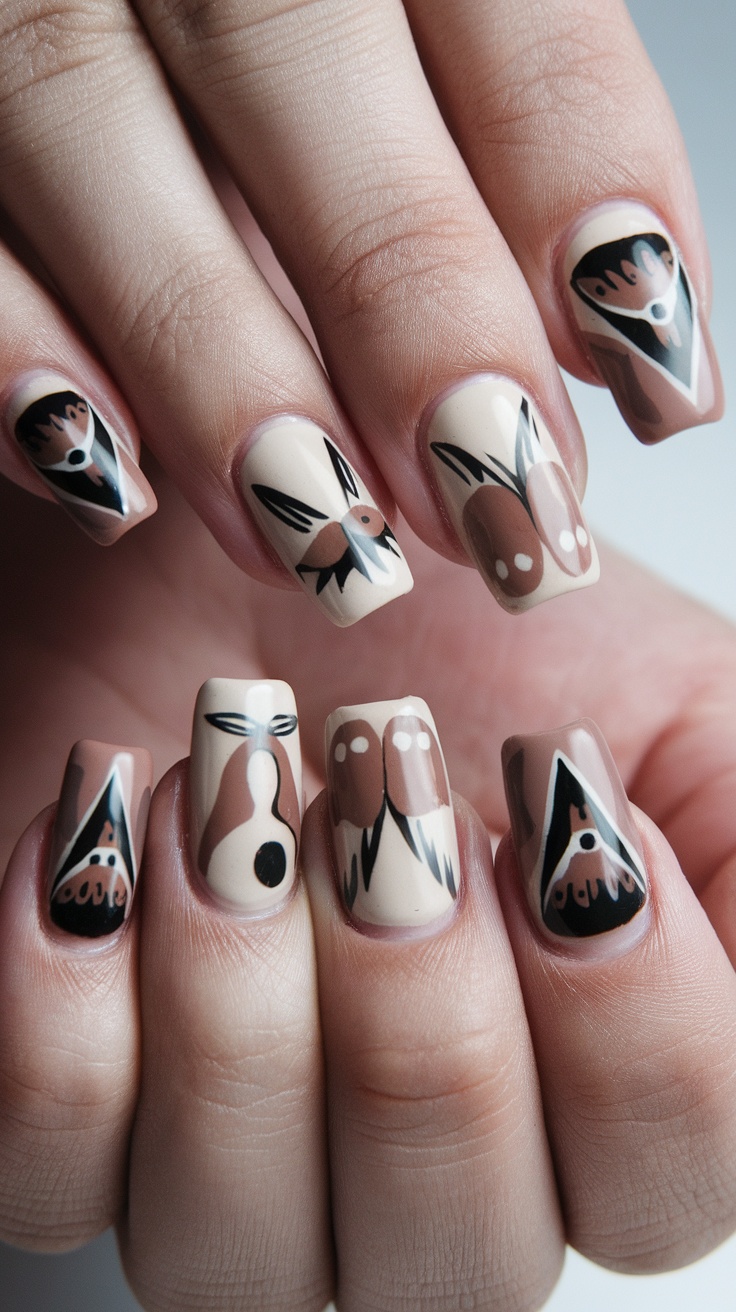 A close-up view of acrylic nails featuring Inuit art inspired patterns with earthy tones.