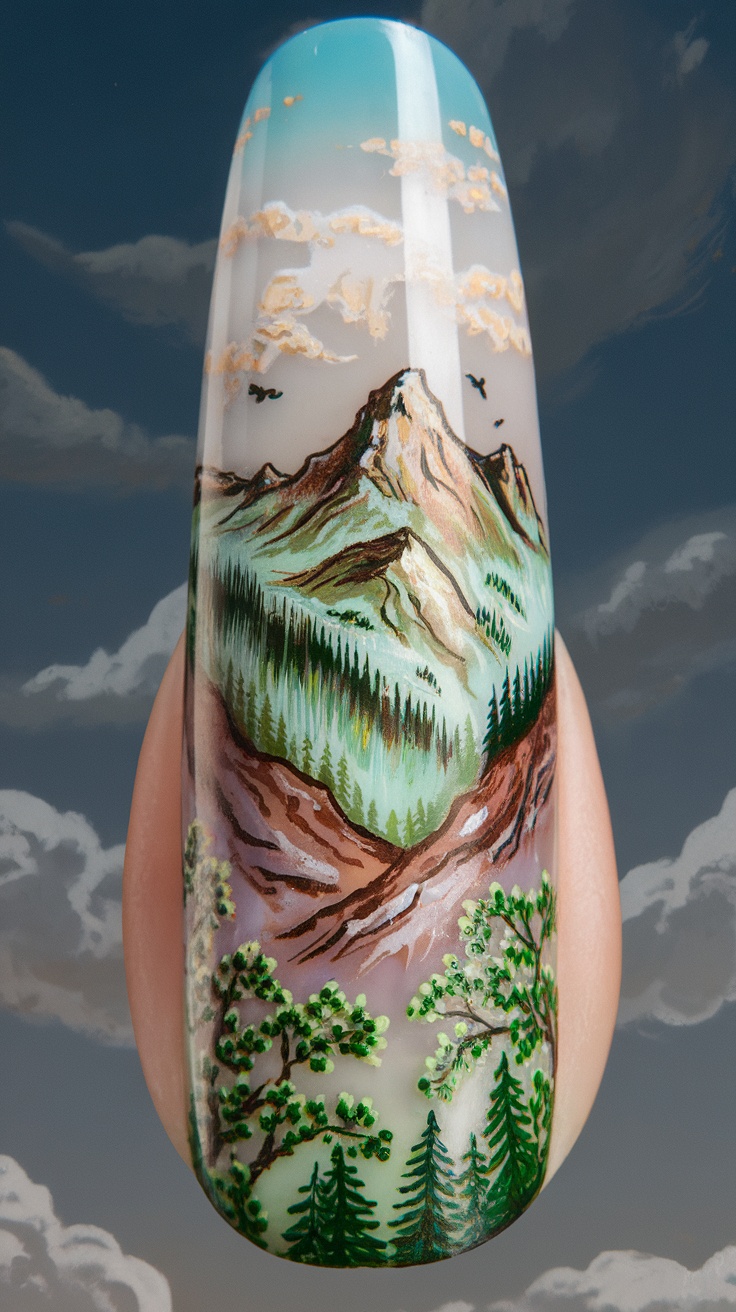 Acrylic nails featuring a detailed mountain landscape with trees and clouds.