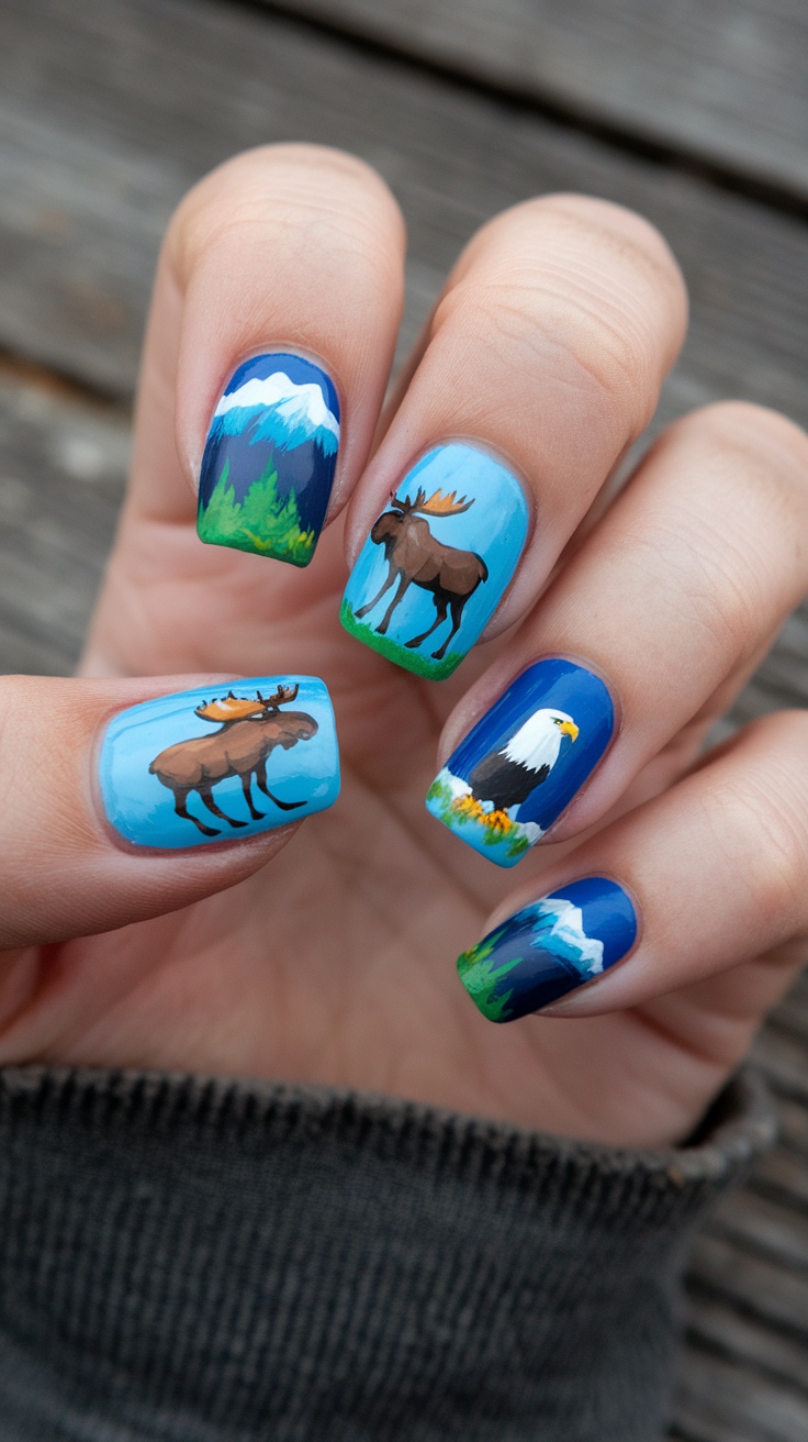 A close-up of acrylic nails featuring Northern wildlife motifs like moose and eagles against a scenic background.