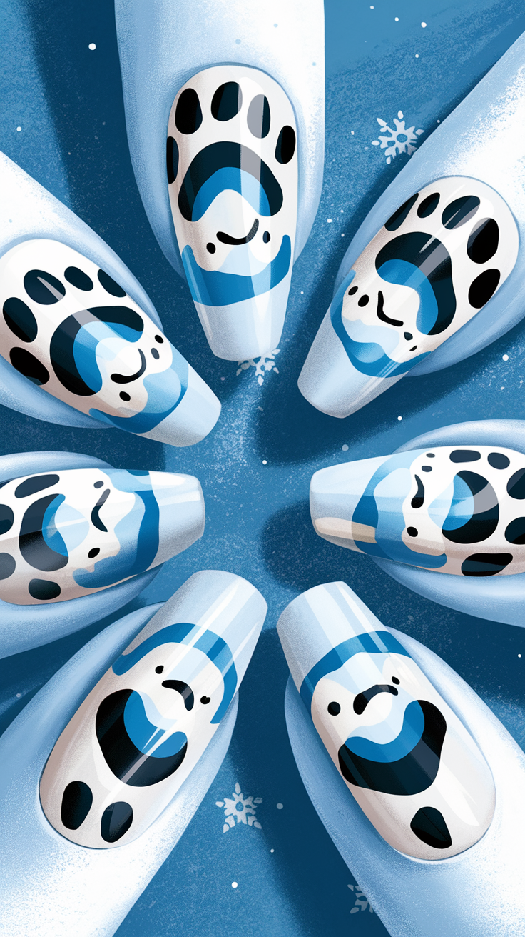 A close-up of acrylic nails designed to look like polar bear paw prints, with white and blue colors against a snowy background.