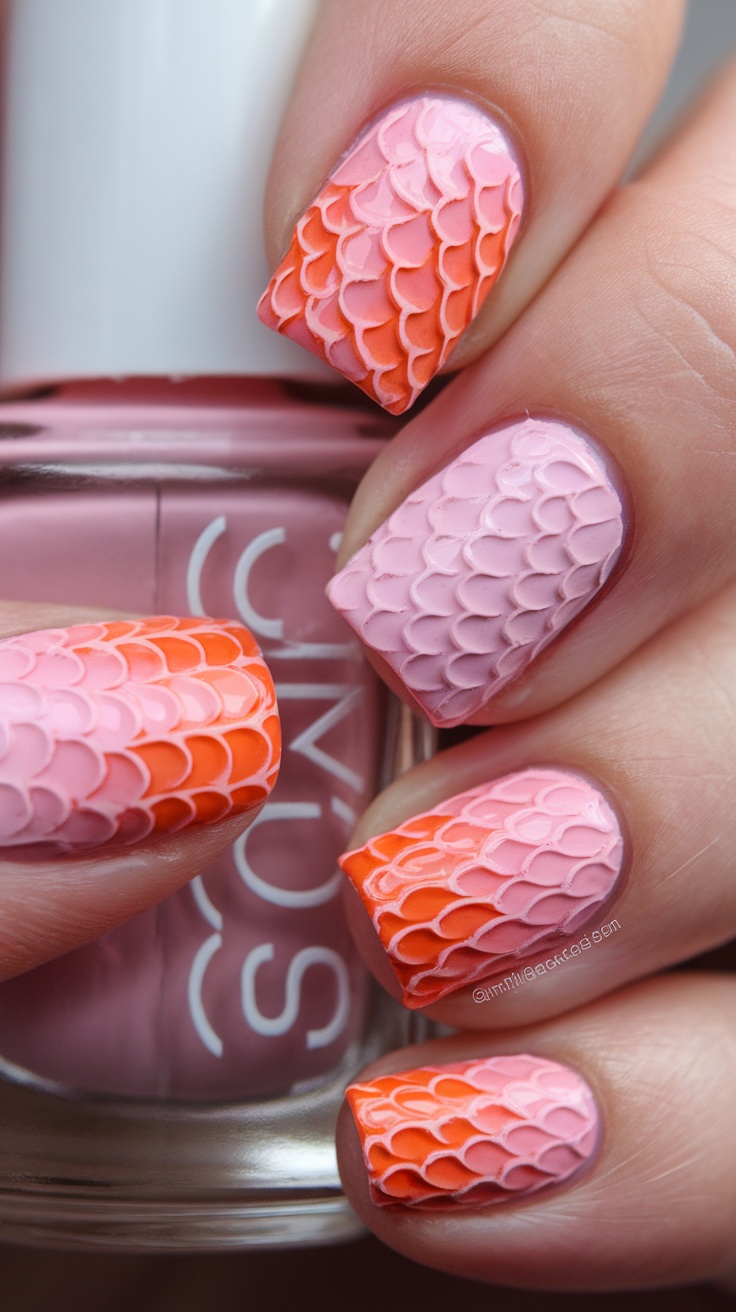 Acrylic nails featuring salmon scale texture in pink and orange gradient.