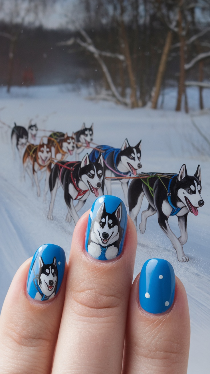 A close-up of beautifully designed acrylic nails featuring sled dog illustrations on a blue background.