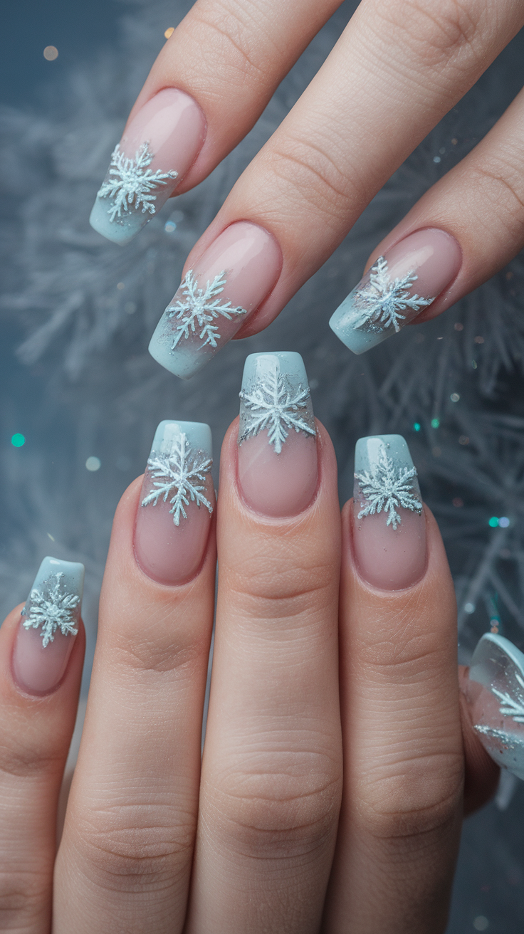 A close-up of acrylic nails featuring snowflake glitter tips with a soft pink base and silver accents.