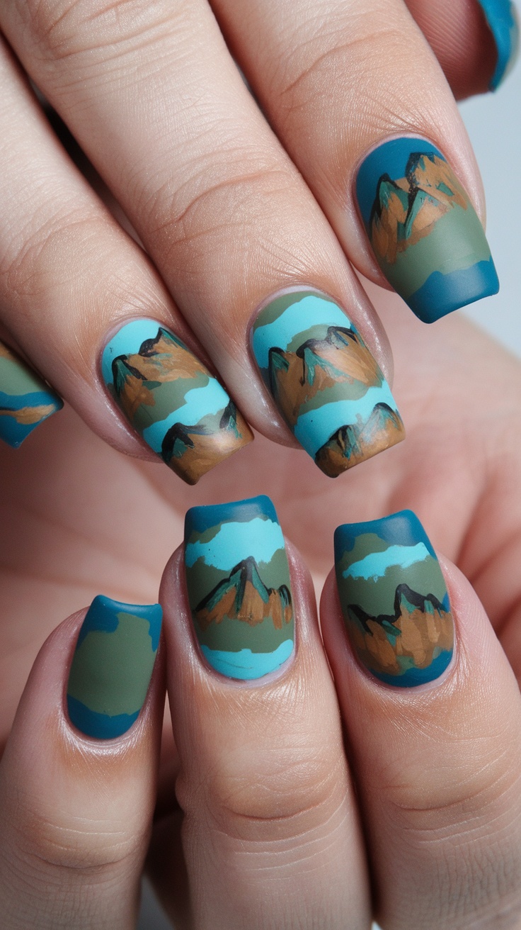 A close-up of acrylic nails featuring tundra terrain art with mountains and earthy colors.