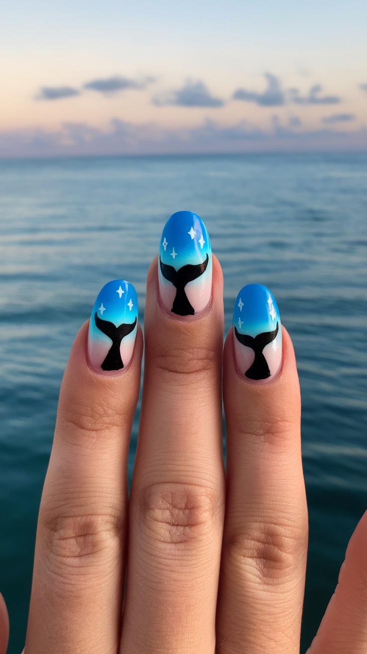 Acrylic nails with whale tail silhouettes on a blue background