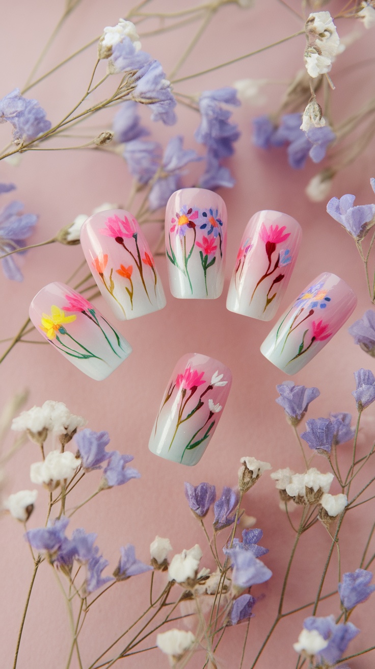 Acrylic nails with wildflower designs in pastel colors surrounded by dried flowers