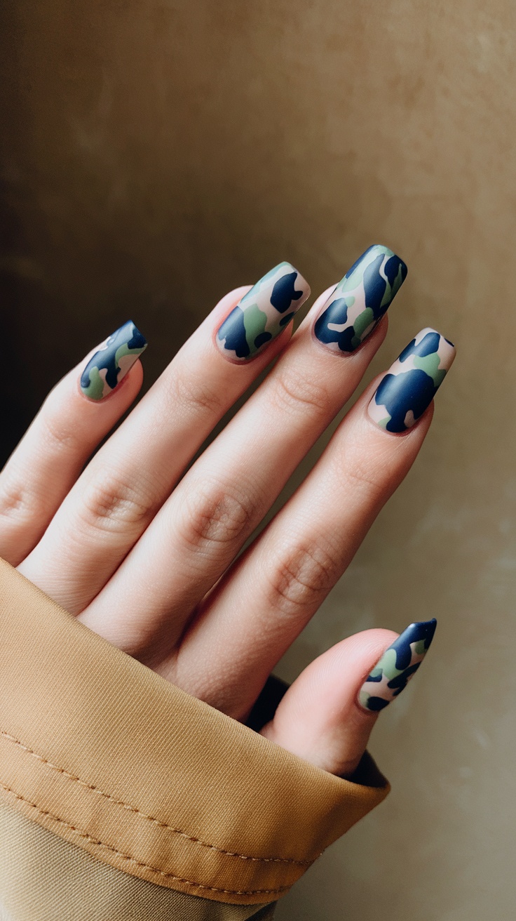 A hand displaying acrylic nails with wildlife camouflage patterns in green and blue tones.