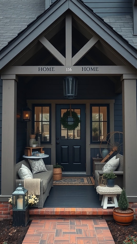 A cozy entryway of an A-frame house with a welcoming porch, decorated with plants and comfortable seating.