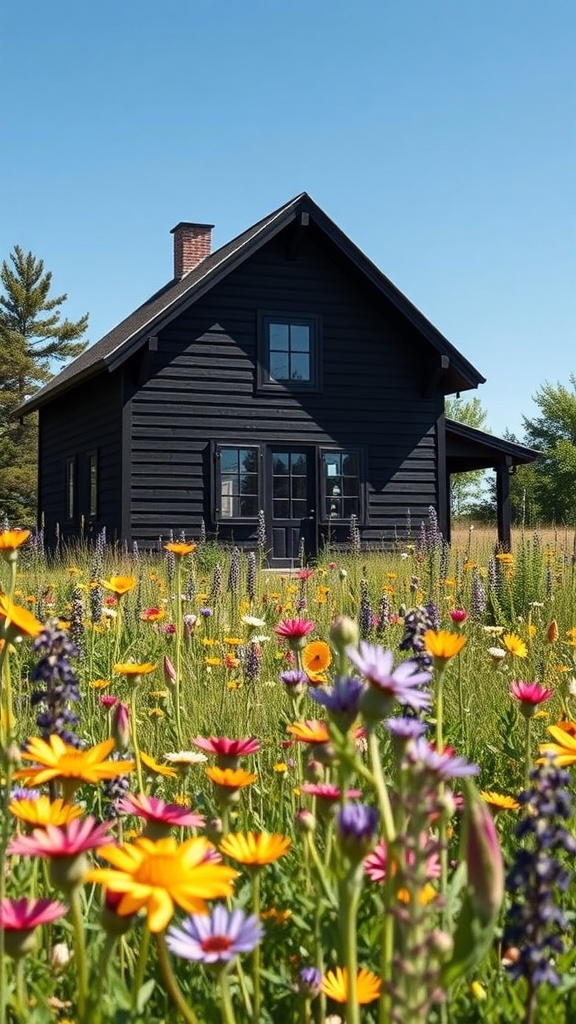 A-frame house surrounded by colorful wildflower meadow under a clear blue sky