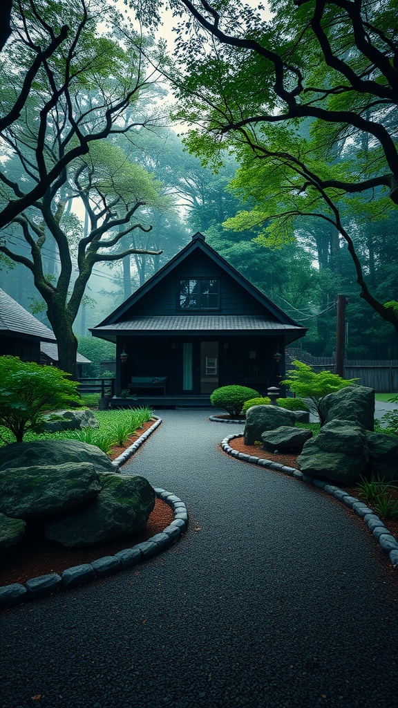 A dark A-frame house surrounded by a serene Zen garden with a winding path and lush trees.