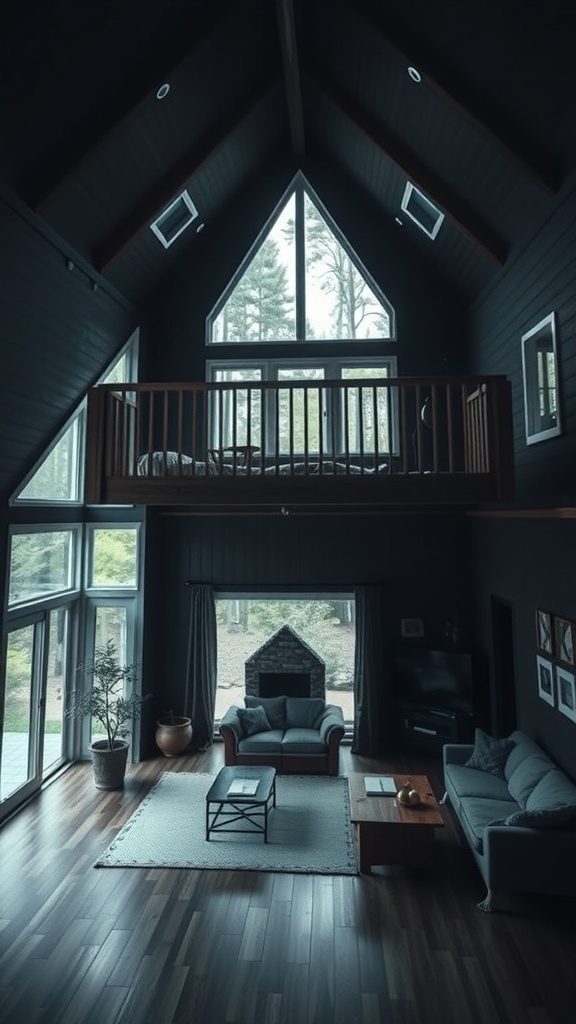 Interior view of a dark A-frame house featuring a spacious loft and large windows.