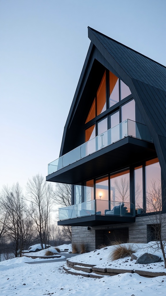 A modern A-frame house with a unique cantilever design, featuring large windows and glass balconies, set in a snowy landscape.