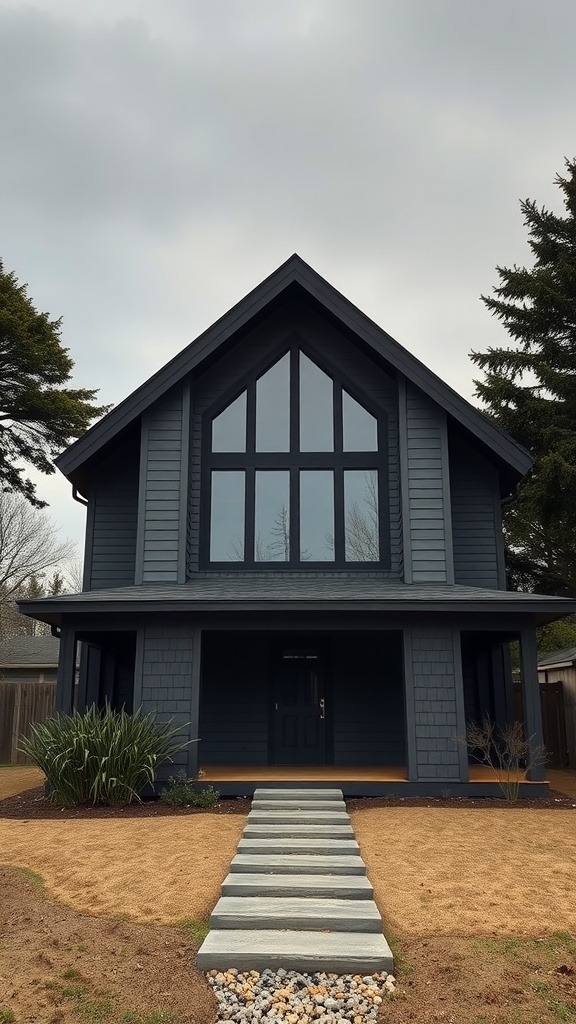 A modern A-Frame house with a dark exterior, large windows, and a stone pathway