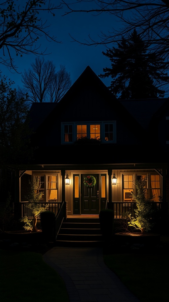 A beautifully lit A-frame house at night with elegant outdoor lighting