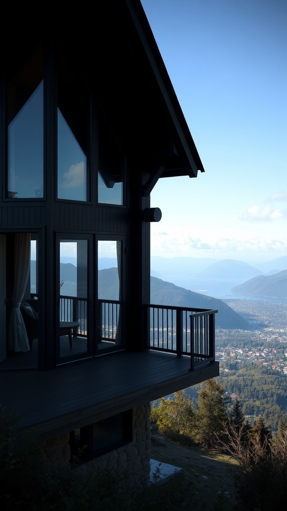 A modern A-frame house with large glass windows and a spacious balcony overlooking mountains and valleys.