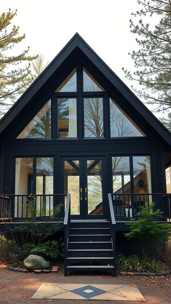 A black A-frame house featuring large windows and a natural setting