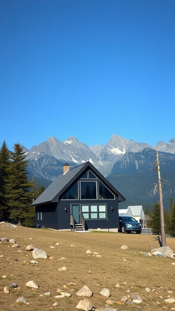A black A-frame house with large windows set against a backdrop of mountains and clear blue sky.