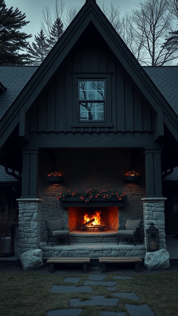 A cozy A-frame house with rustic stonework and a welcoming fireplace.