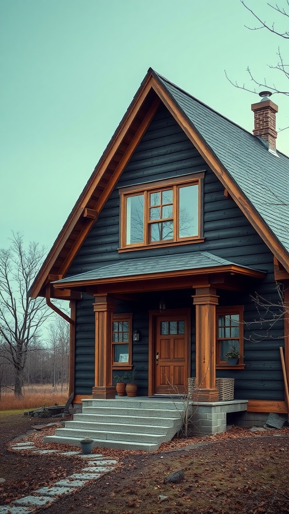 A-frame house with dark wood siding and warm earthy tones.
