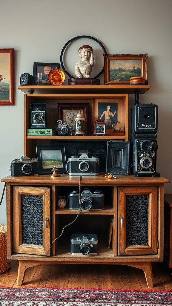 A vintage wooden TV stand decorated with antique cameras and framed photos.