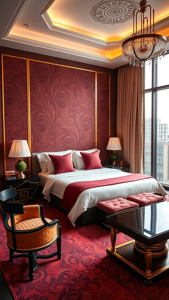 A luxurious Art Deco bedroom featuring maroon walls, a stylish bed with red accents, and elegant furniture.