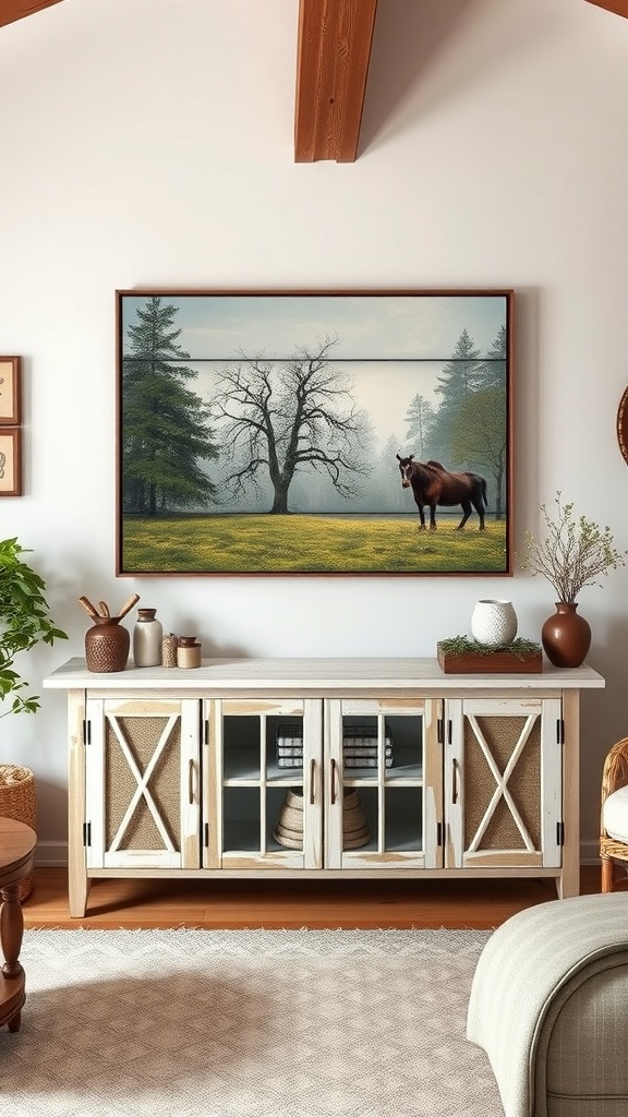 A cozy farmhouse living room with a TV stand and a nature-themed artwork above it, depicting a horse in a misty landscape.