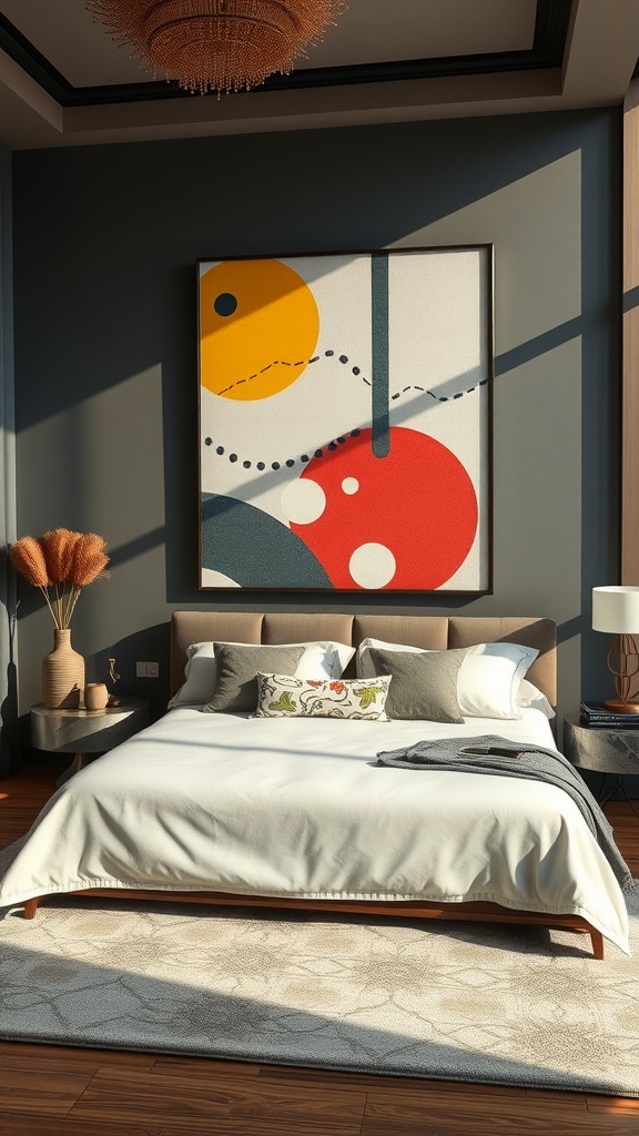 A luxurious penthouse bedroom featuring a bold abstract art piece with bright colors against a dark wall.