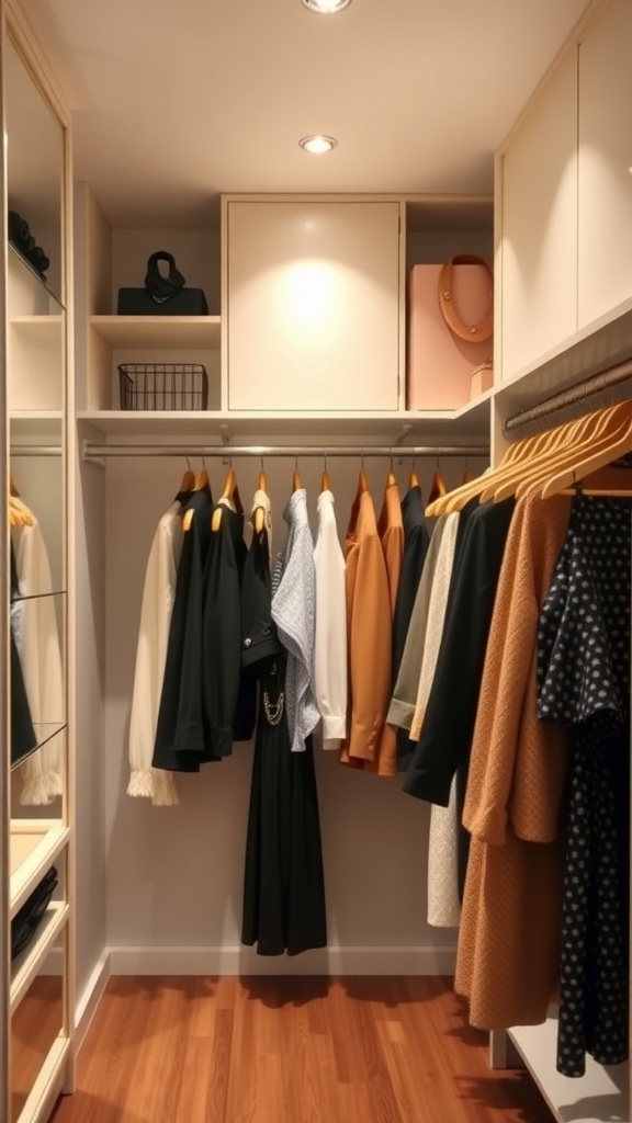 A luxurious walk-in closet featuring neatly arranged clothing on boutique-style racks with accessories above.