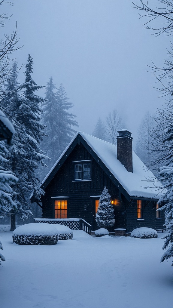 A dark A-frame house surrounded by snow and trees, with warm lights glowing from the windows.