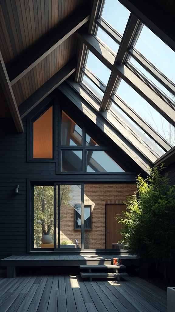 Bright A-Frame house with large skylights and wooden deck