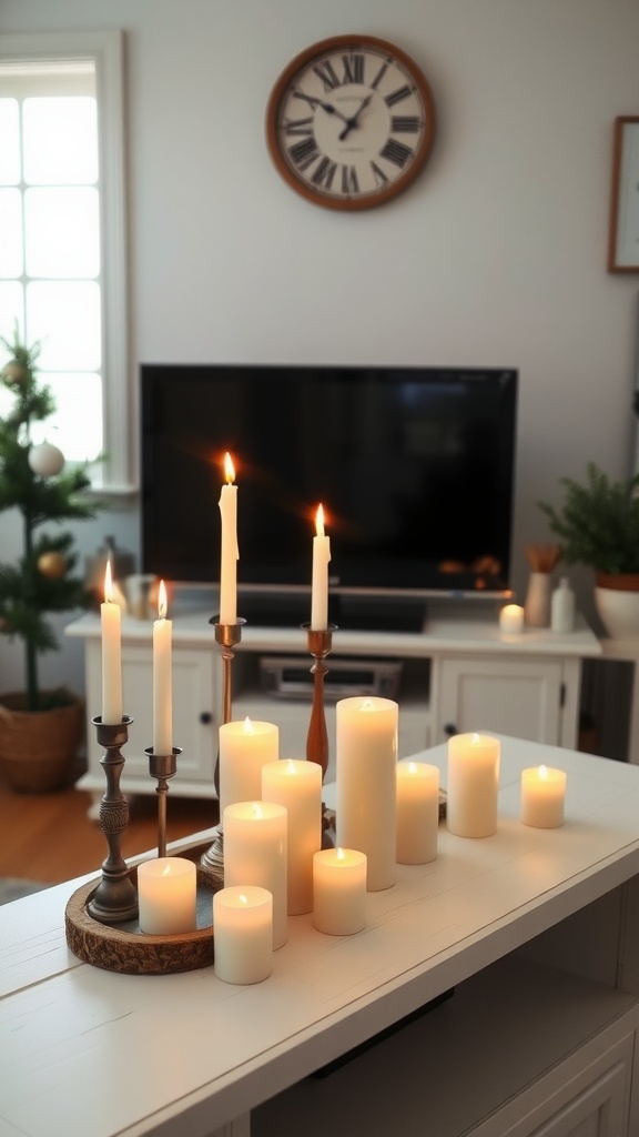 Cozy candle arrangements on a farmhouse TV stand