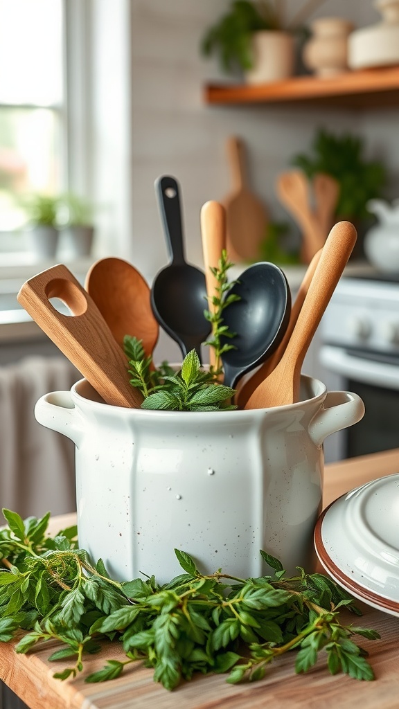 A ceramic pot filled with wooden and black utensils and fresh herbs, set in a farmhouse kitchen.