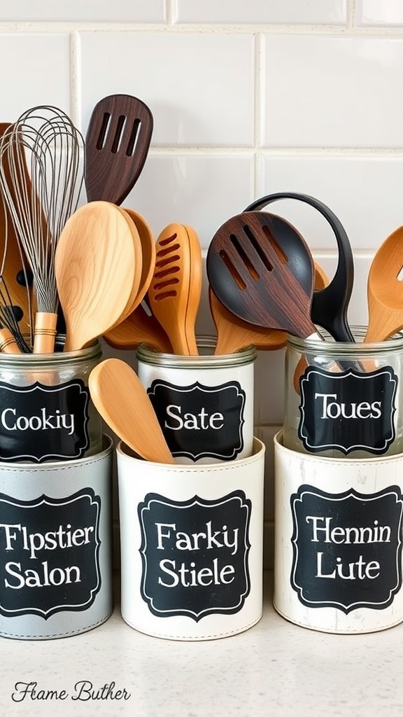 Chalkboard labelled utensil containers in a kitchen setting