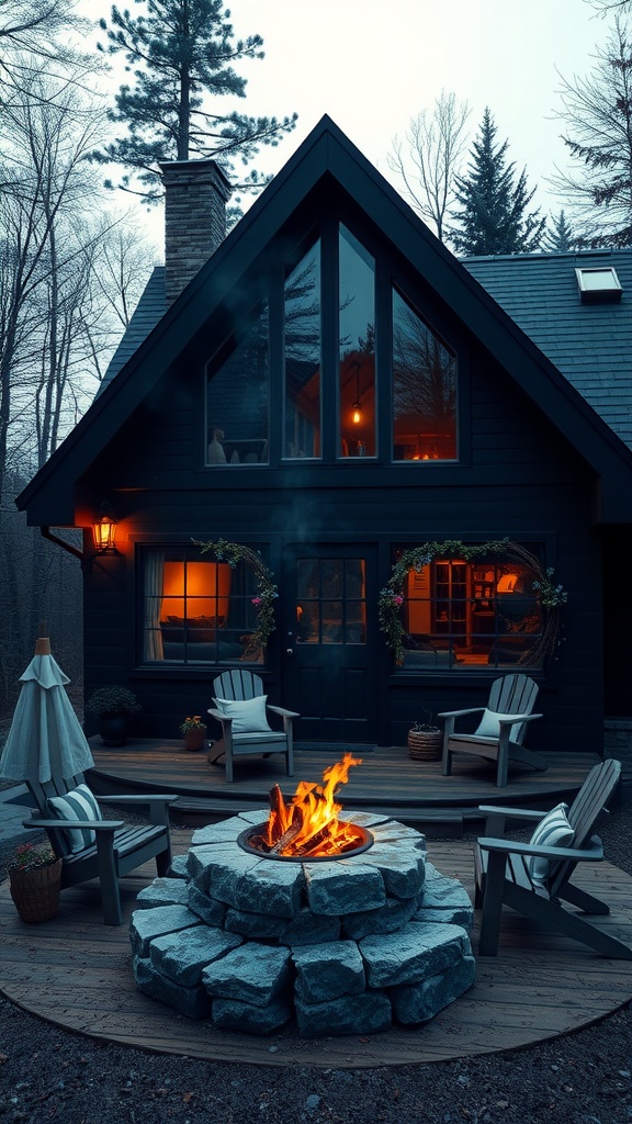 A charming A-frame house with a stone fire pit surrounded by chairs, set in a serene wooded area.