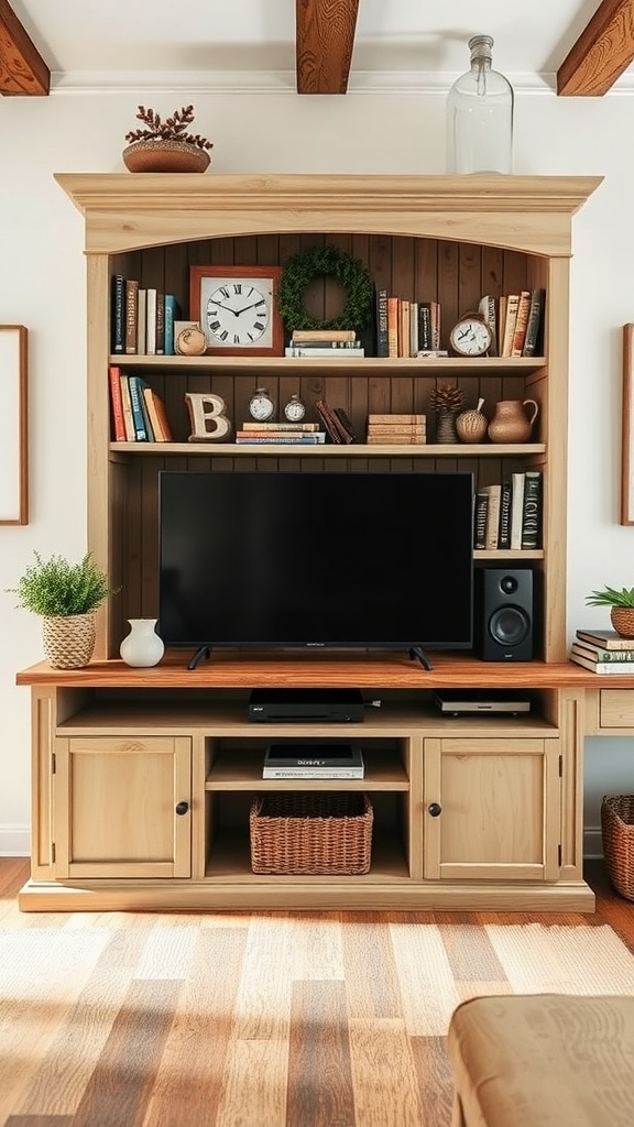 A cozy farmhouse TV stand with integrated bookshelf displaying books, decorative items, and a television.