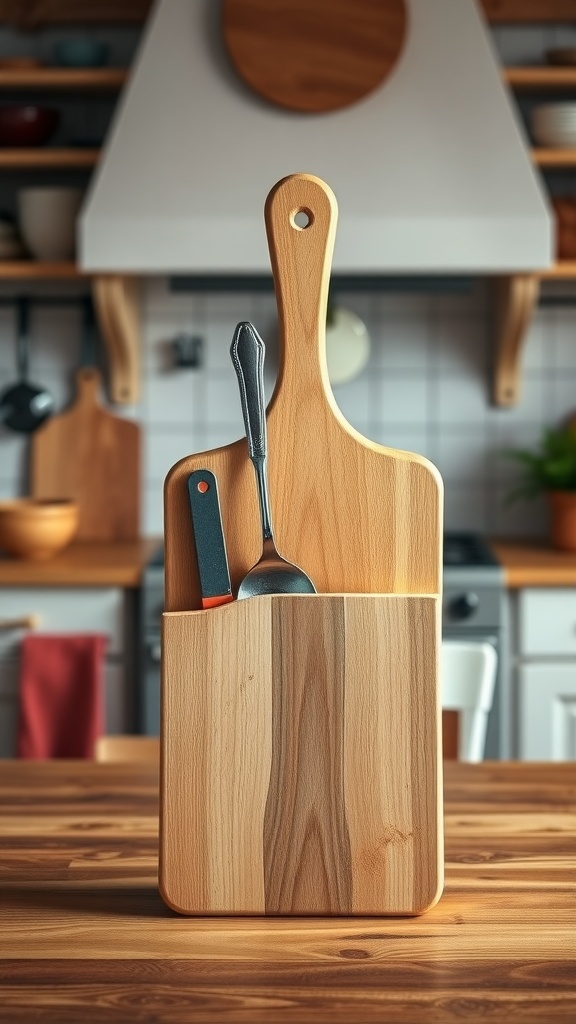 Wooden cutting board stand with utensils in a kitchen setting.