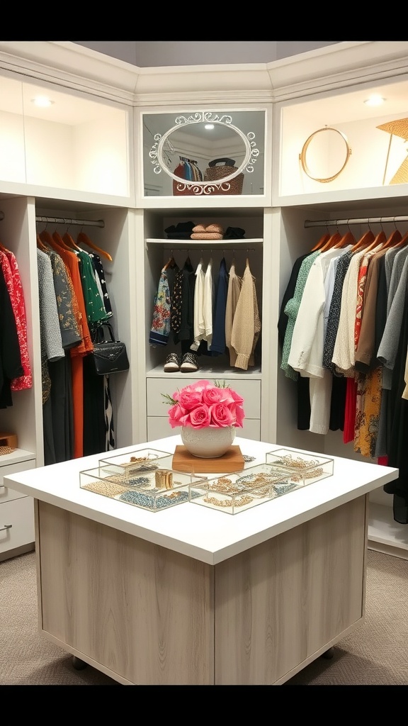 A luxury penthouse closet featuring a stylish island with accessories displayed, surrounded by organized clothing.