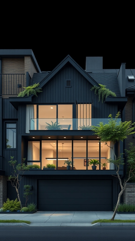 Chic urban A-frame house with black exterior and large glass windows