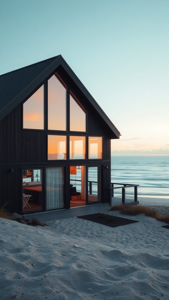 A coastal A-frame house with large windows and beach access near the ocean.