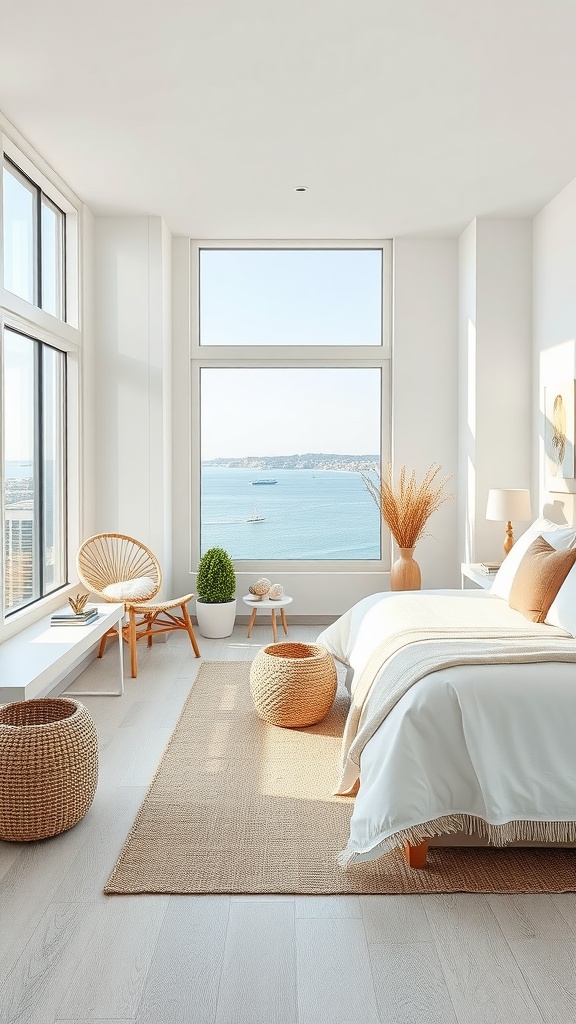 A bright and airy bedroom with large windows overlooking a coastal view, featuring neutral decor, woven textures, and natural materials.